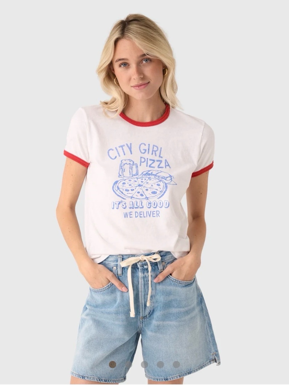 MOTHER White 'City Girl Pizza' The Lil’ Goodie Graphic Ringer Tee with Red Trim - Picture 1 of 7